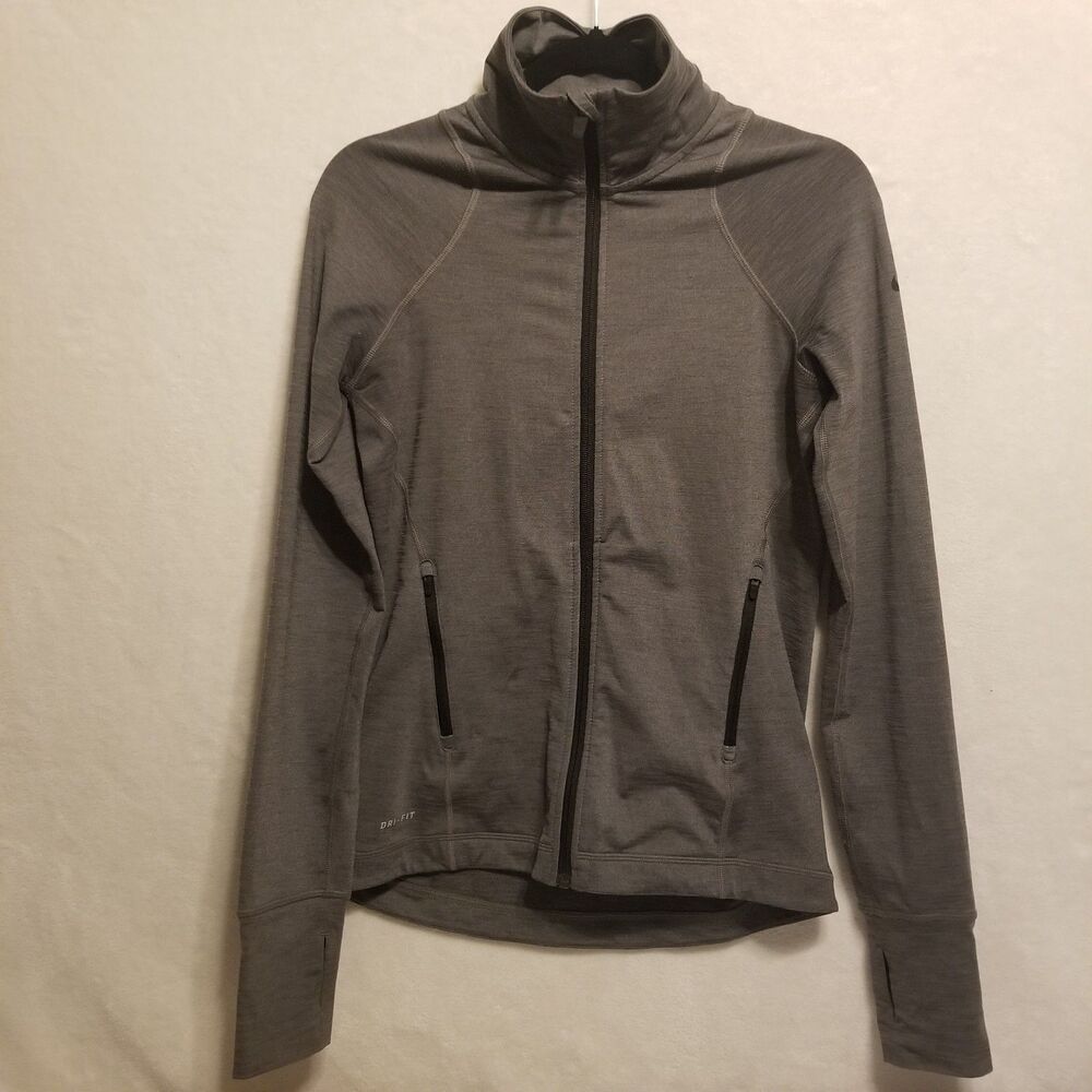 Nike M Jacket Dri-FIT Full Zip Gray Athletic Thumb Hole Compression Lightweight